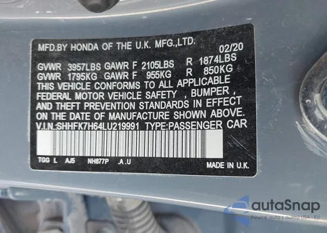 2020 Honda Civic Ex z USA, uszkodzony, nr VIN SHHFK7H64LU219991